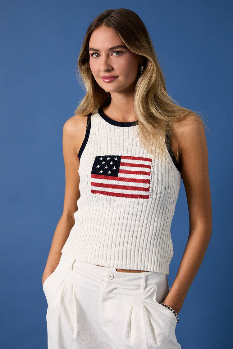 "USA FLAG " ROUND NECK CONTRAST COLOR RIBBED SWEATER TOP