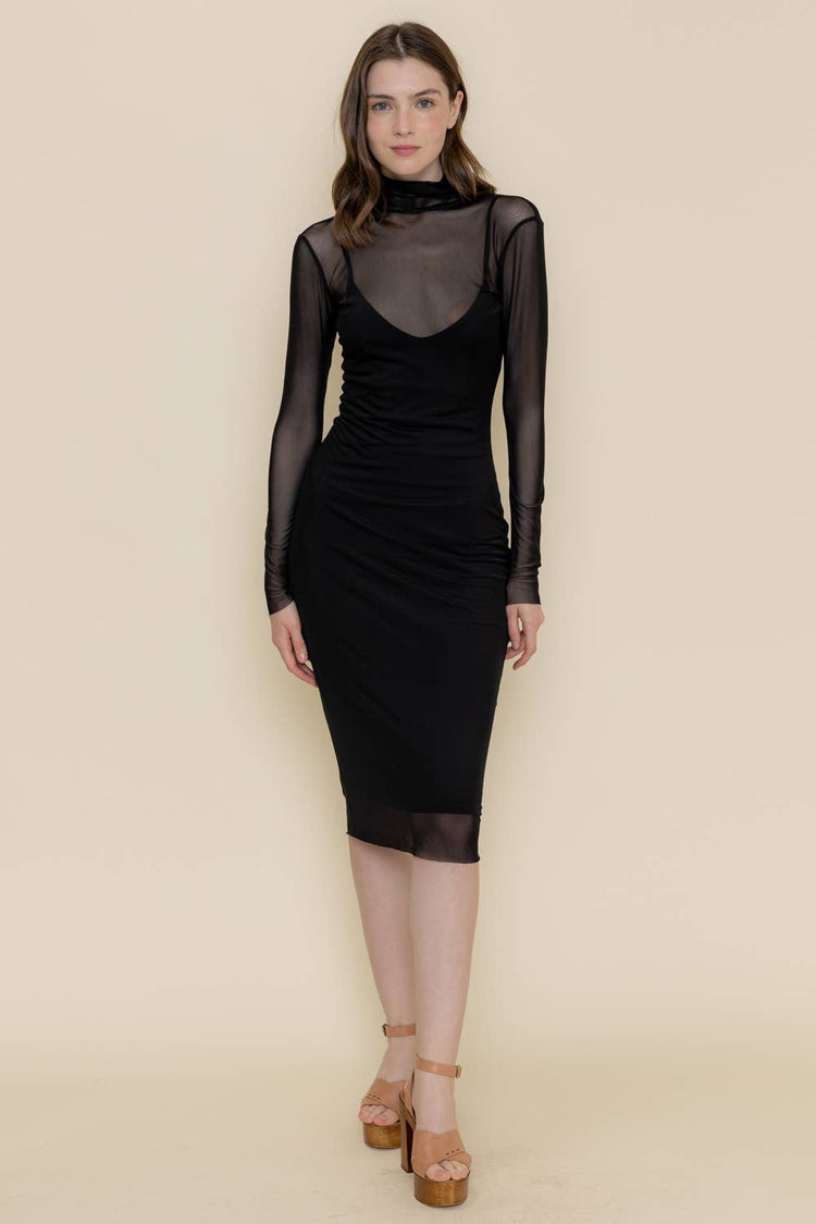 BODYCON MOCK NECK MESH LONG SLEEVE MIDI DRESS