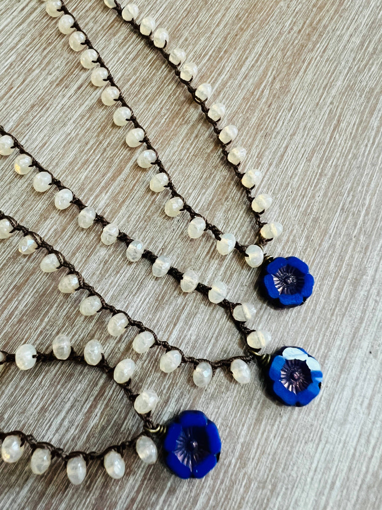 Peach Opal Crystal Necklace With Cobalt Glass Flower Pendant
