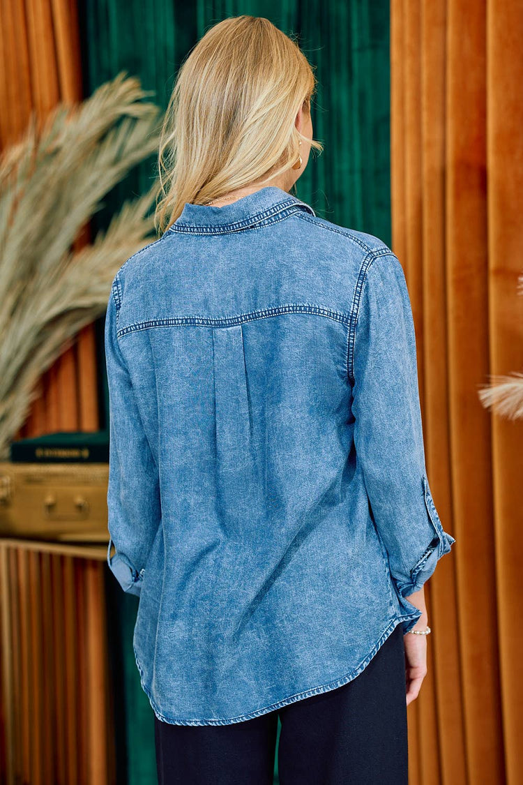 Chambray Button Down Shirt With Roll up Sleeve