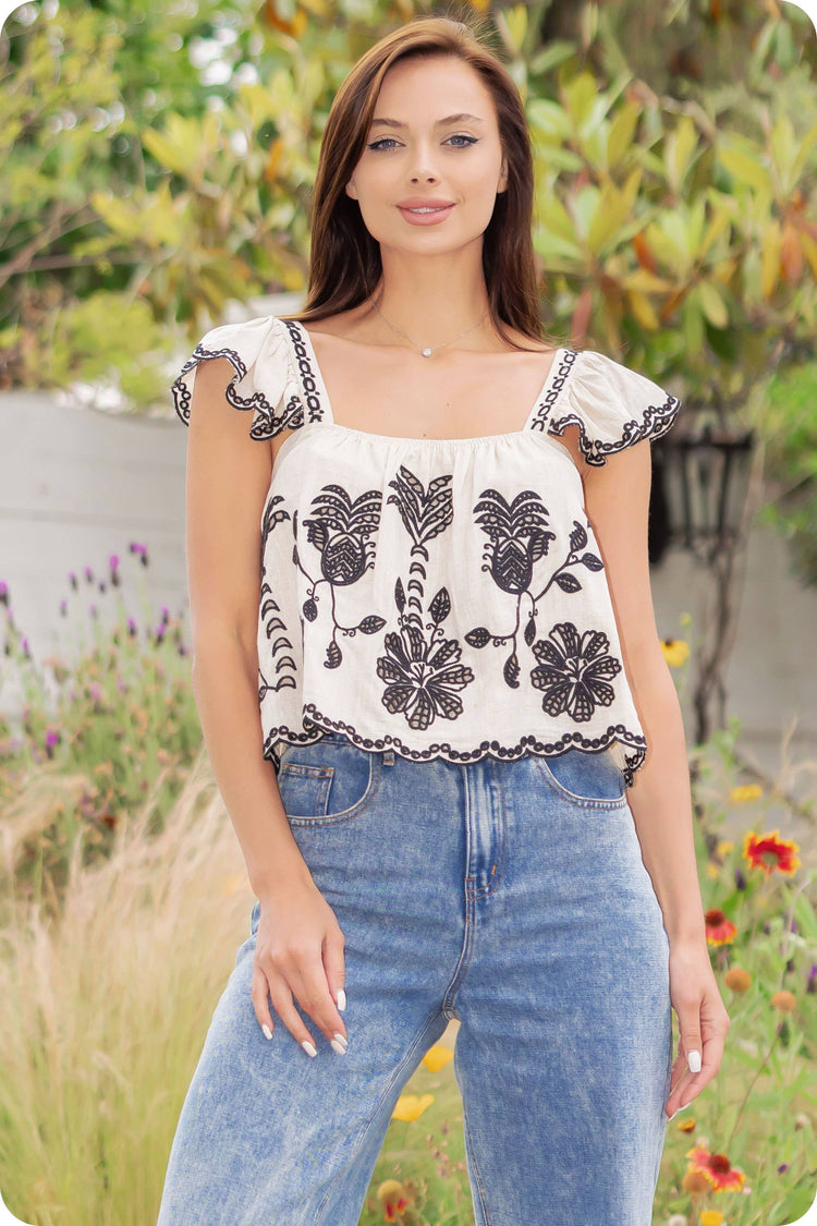 Embroidery Sleeveless Linen Top