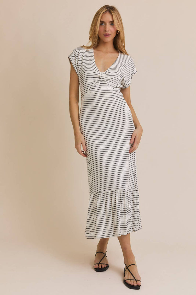 V-NECK SHORT SLEEVE STRIPE DRESS