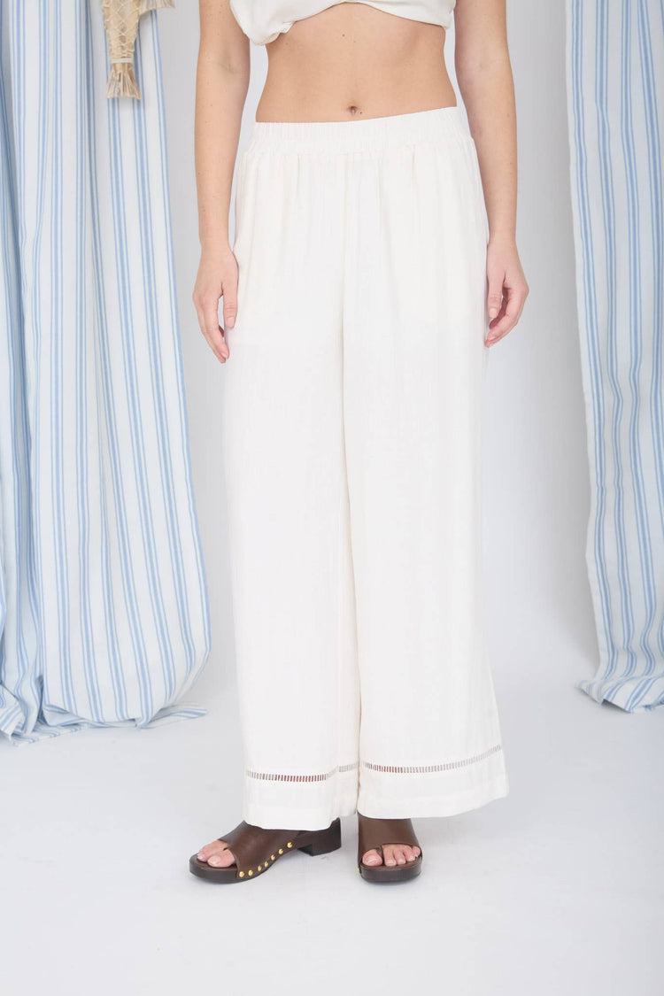 LADDER LACE TRIM WIDE LEG LINEN PANTS