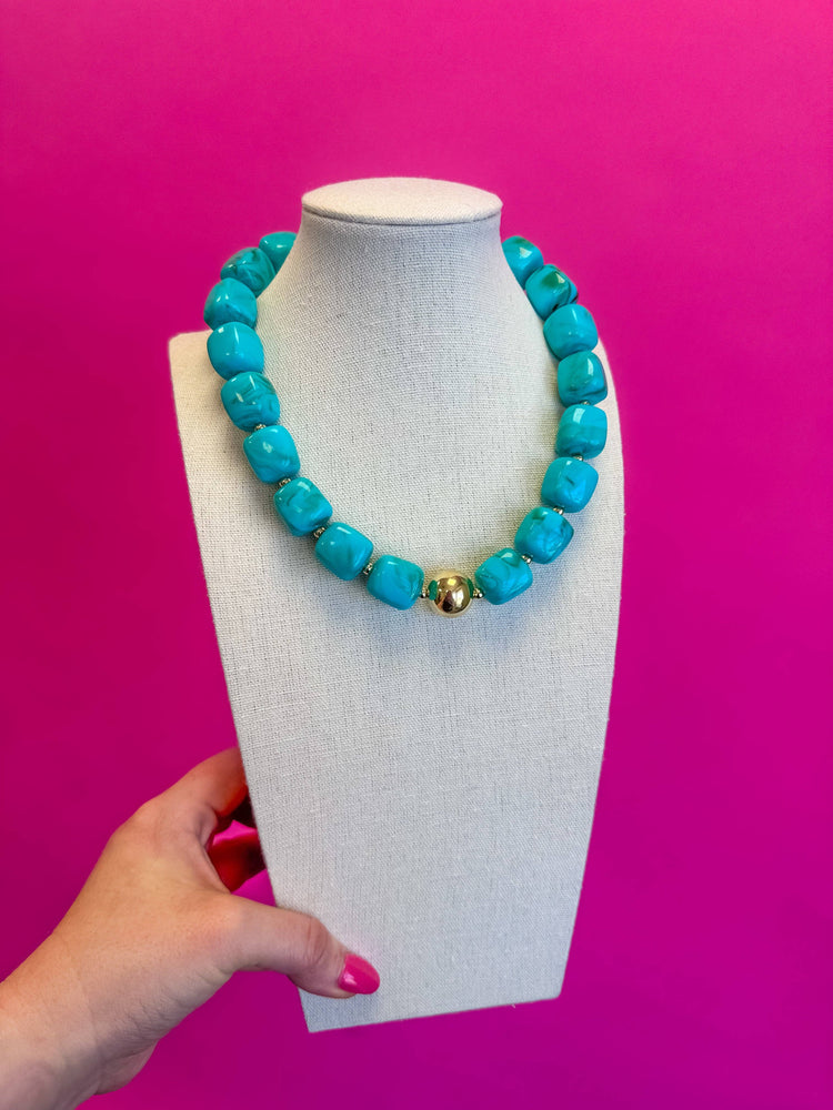 Beaded Necklace with Gold Statement Bead Necklace - Turquoise