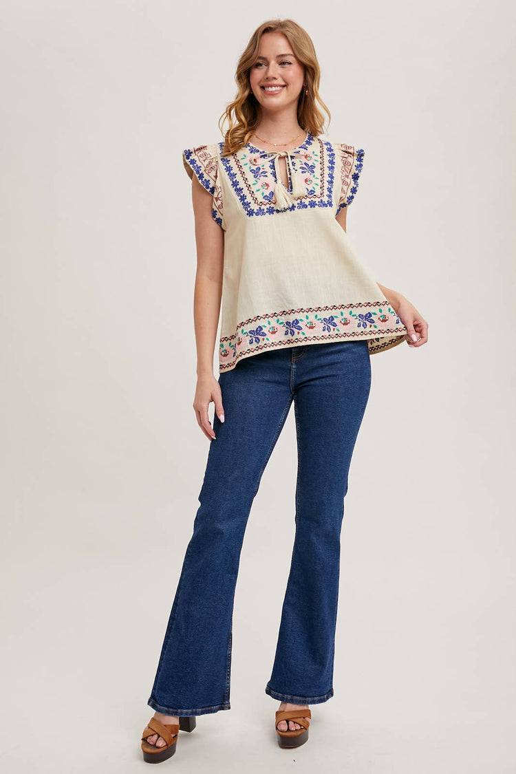 BOHO EMBROIDERED RUFFLED SLEEVE DRAWSTRING TOP