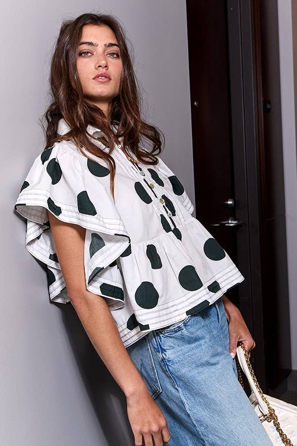 Ruffle Sleeves Pintuck Detail Polka Dot Print top