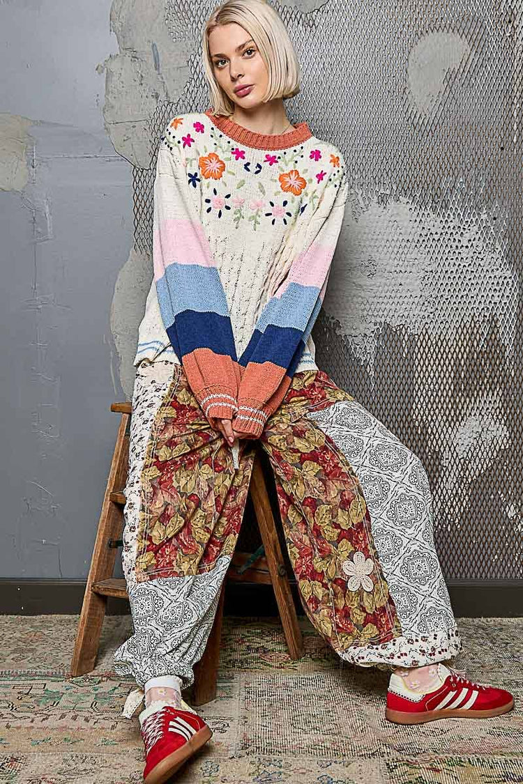 Color block pattern floral embroidered chenille sweater top