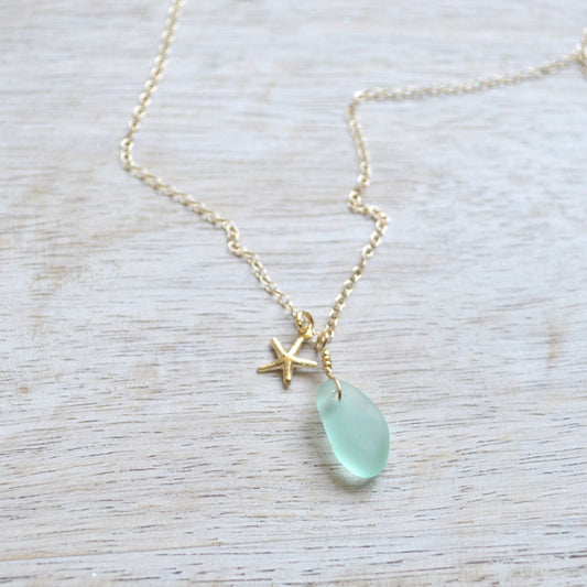 Tiny Frosted Glass & Starfish Necklace in Gold