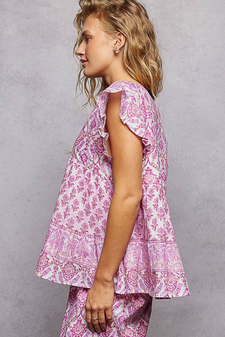 V-Neck Floral Pattern Ruffle Sleeve Top