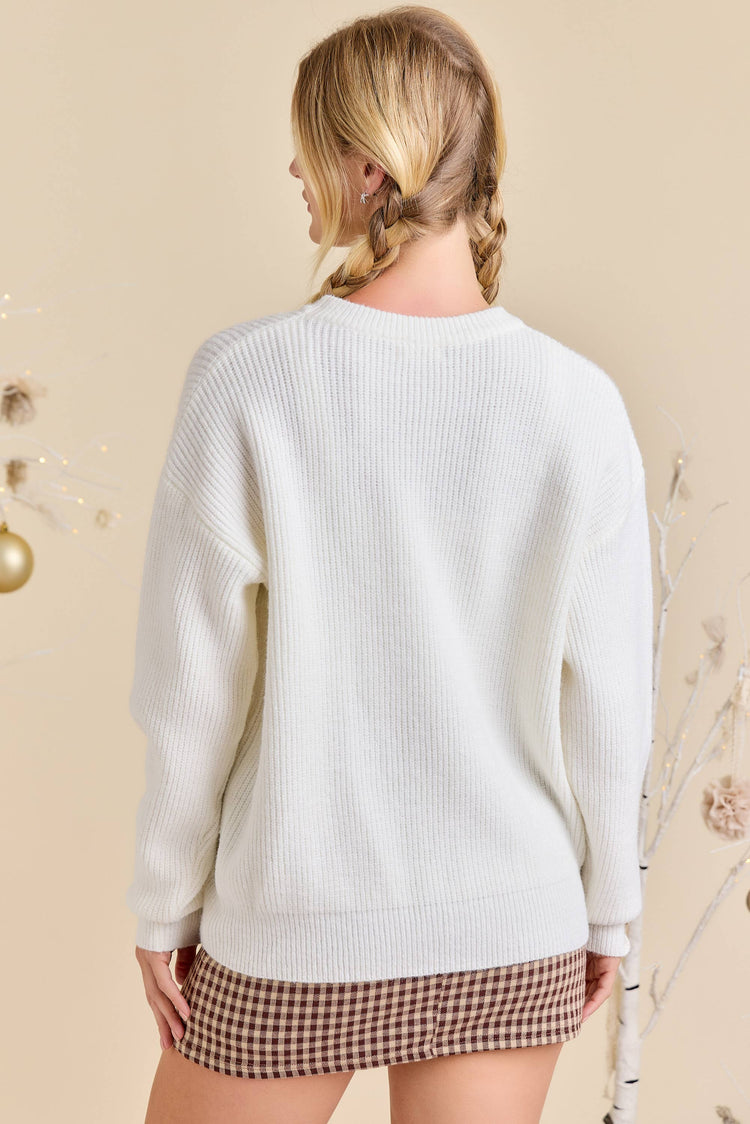 Christmas Joy Embroidered 3D Yarn Sweater Knit Top