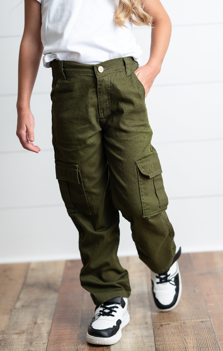 Kids Olive Green Denim Cargo Pants With Pockets