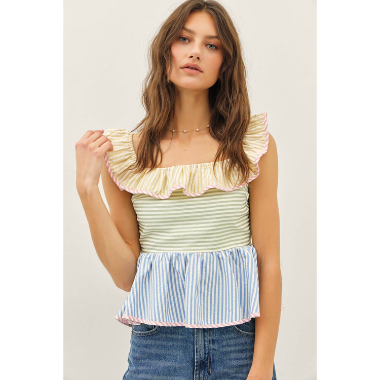 Color Block Stripe Ruffle Top