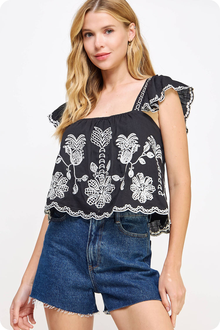 Embroidery Sleeveless Linen Top