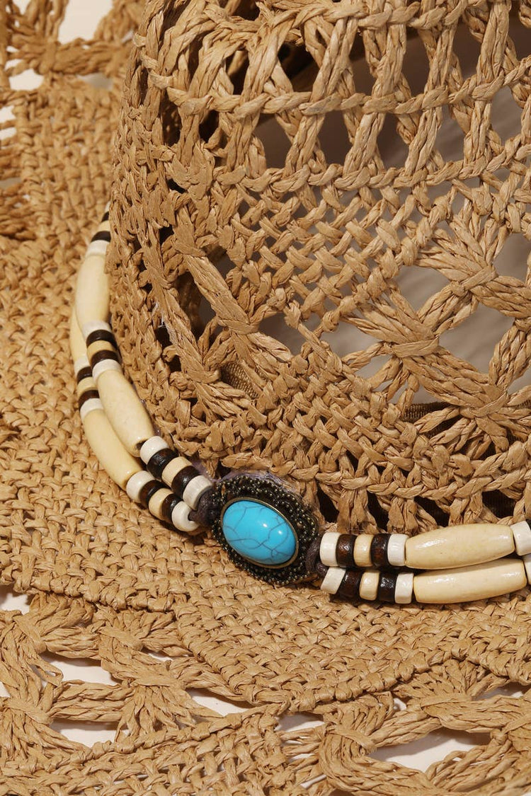 Straw Braided Beaded Strap Cowboy Hat