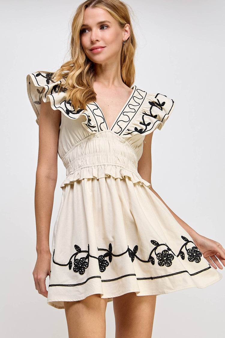 Embroidery Detail Ruffle Linen Mini Dress