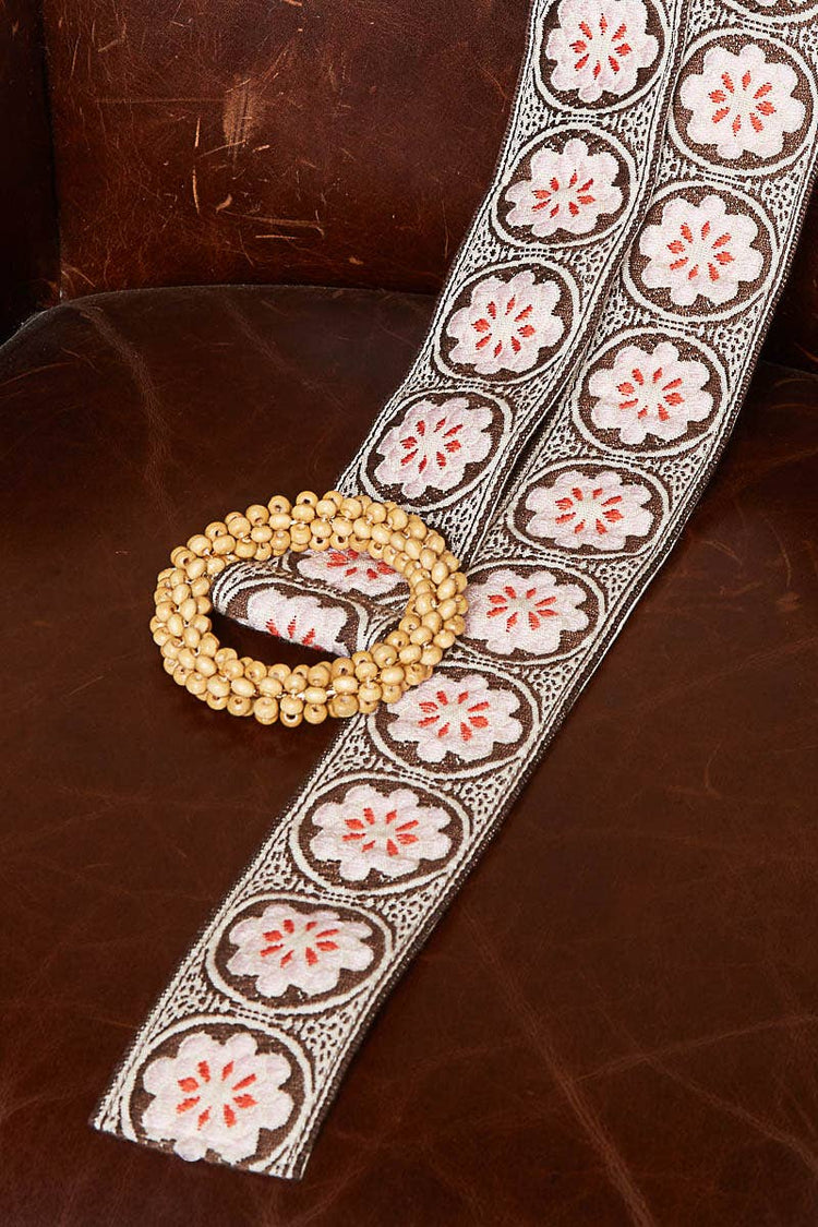 Choco/Pink Floral print circular buckle belt