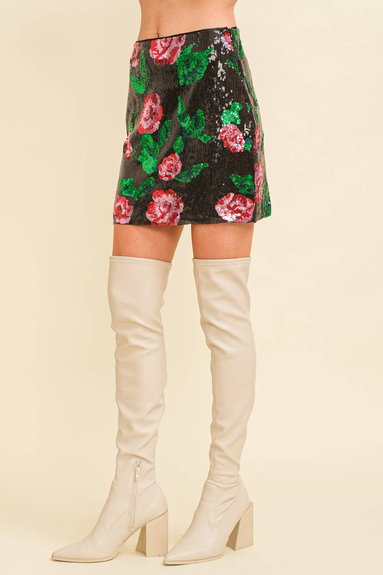 FLOWER SEQUIN MINI SKIRT