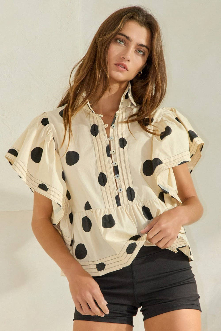 Ruffle Sleeves Pintuck Detail Polka Dot Print top