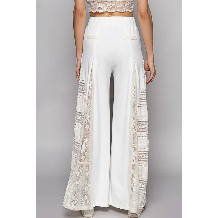 Lace Contrast Elastic Band Satin Strap Solid Wide Pants