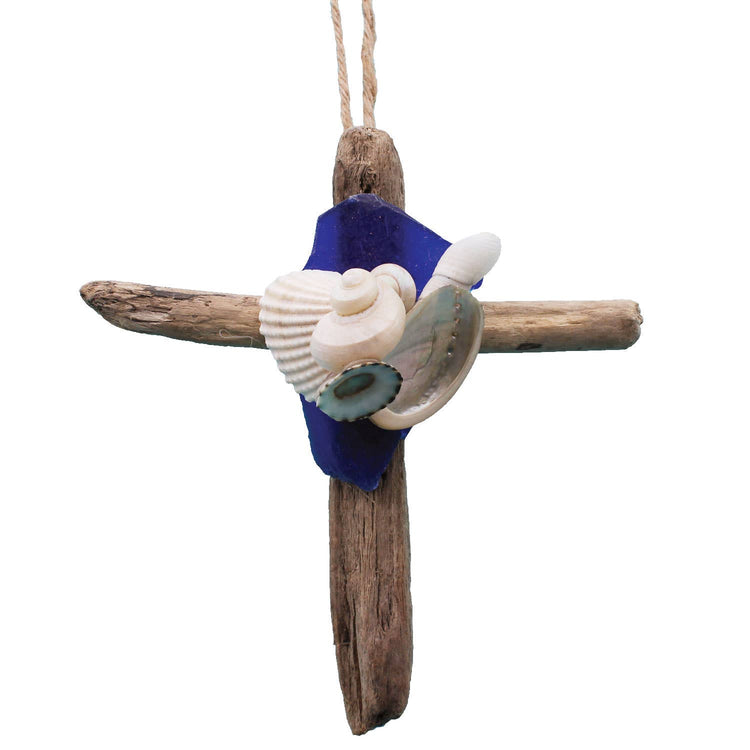 Driftwood Cross Ornament with Sea Glass