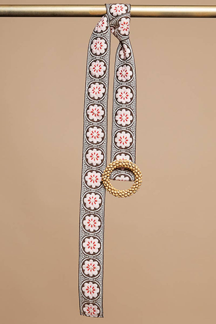Choco/Pink Floral print circular buckle belt