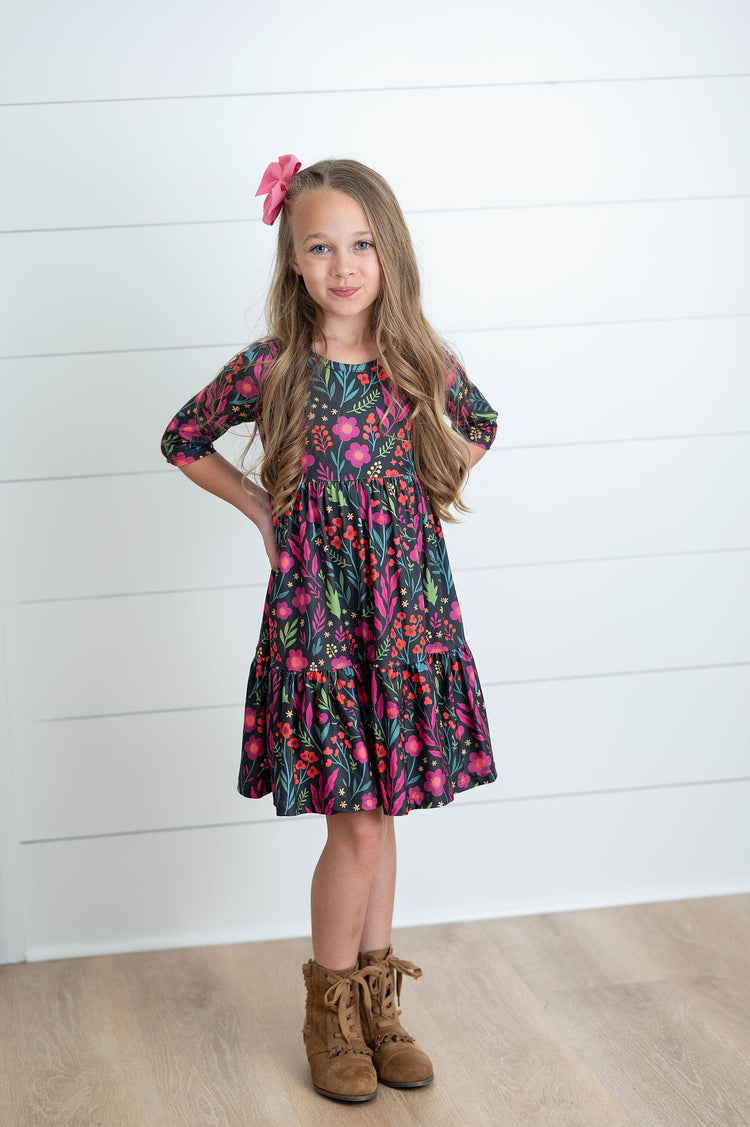 Girls Emma Dark Magenta Fall Floral Tiered Twirl Dress