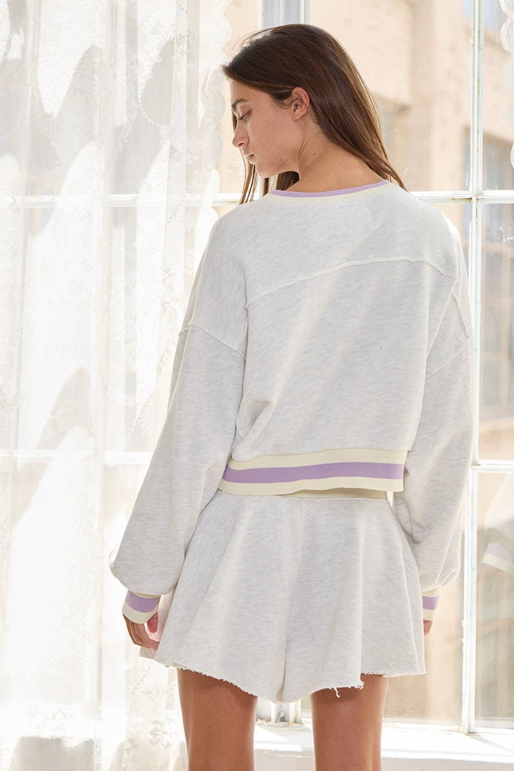 Stripe Elastic Banded Detail Solid Crop Sweatshirt Top