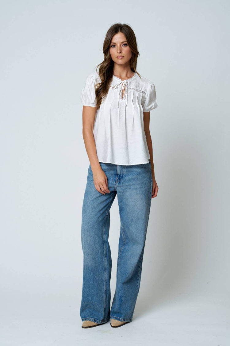 EMBROIDERED YOKE LACE TRIM PINTUCK DETAIL TOP