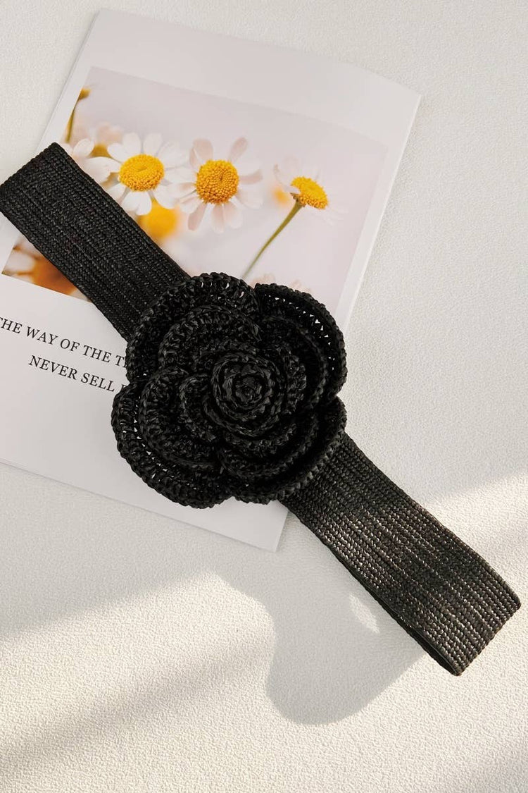 Raffia Flower Buckle Elastic Belt