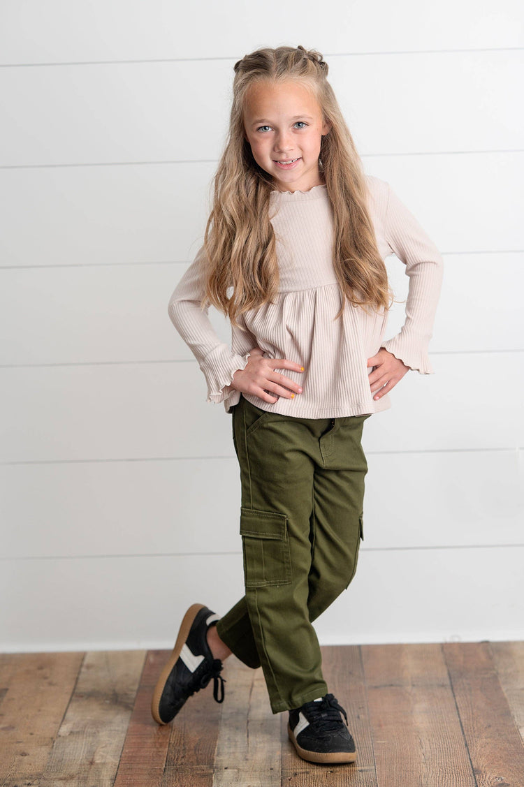 Kids Olive Green Denim Cargo Pants With Pockets