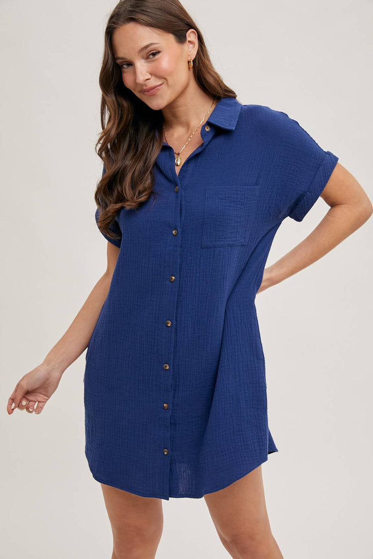 Button Up Shirt Dress With Pockets