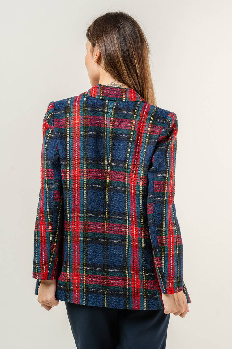 PREPPY HOLIDAY TWEED PADDED SHOULDER PLAID BLAZER