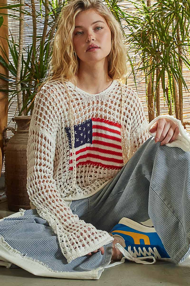 Long sleeve American flag hoodie thin sweater top