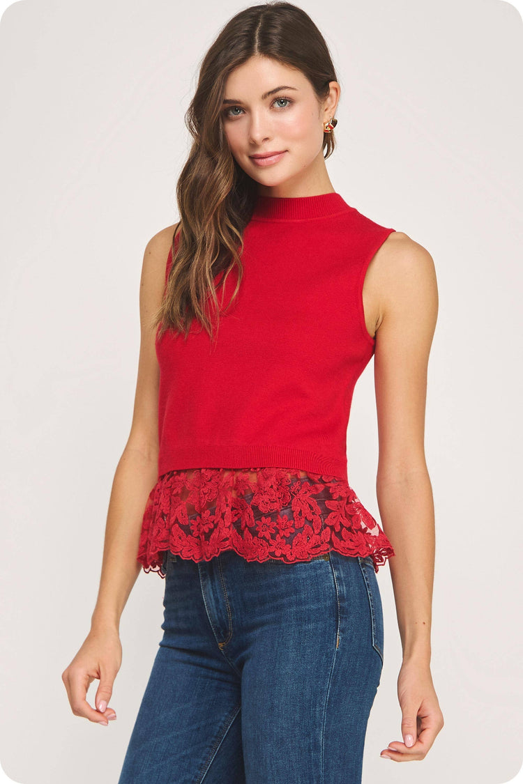 Lace Contrast Mock Neck Sleeveless Knit Top