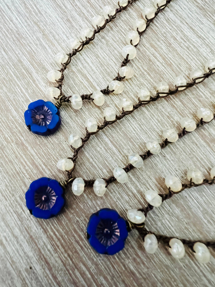 Peach Opal Crystal Necklace With Cobalt Glass Flower Pendant