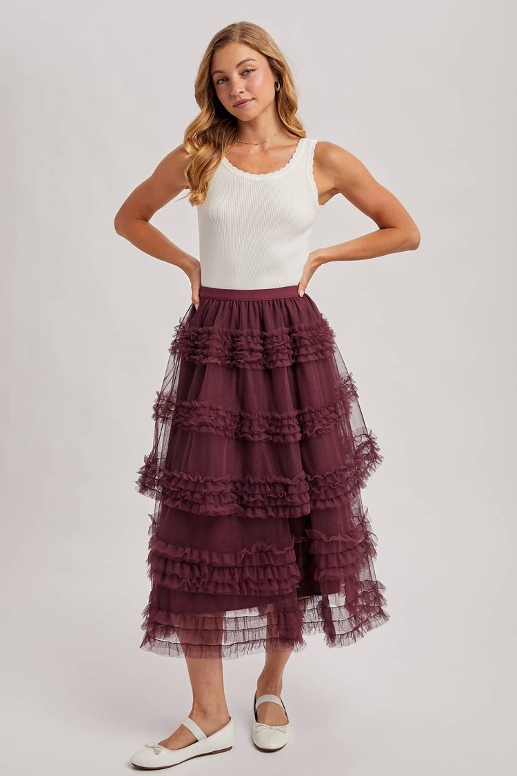 ROMANTIC RUFFLE TIERED TULLE MIDI SKIRT