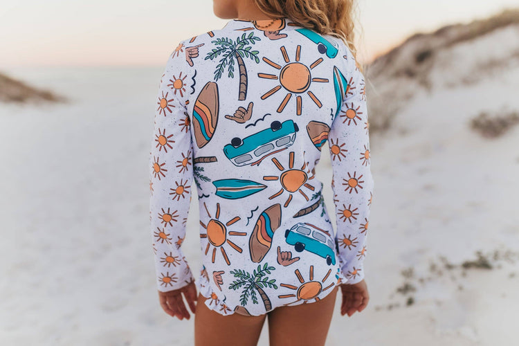 Kids Teal Surf Life Zip Rash Guard One Piece Swimsuit