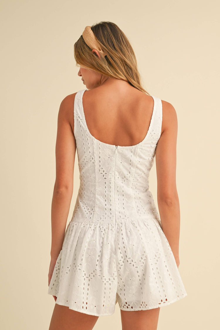 EYELET DROP WAIST BUTTON DETAILED FLARED ROMPER