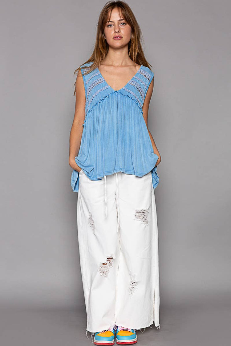 Sleeveless loose fit v-neck babydoll casual knit top