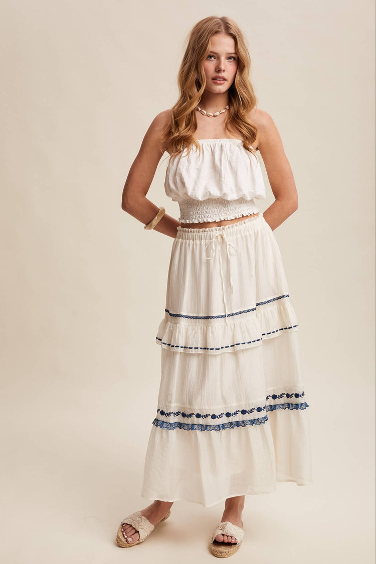 Embroidered Tiered Maxi Skirt
