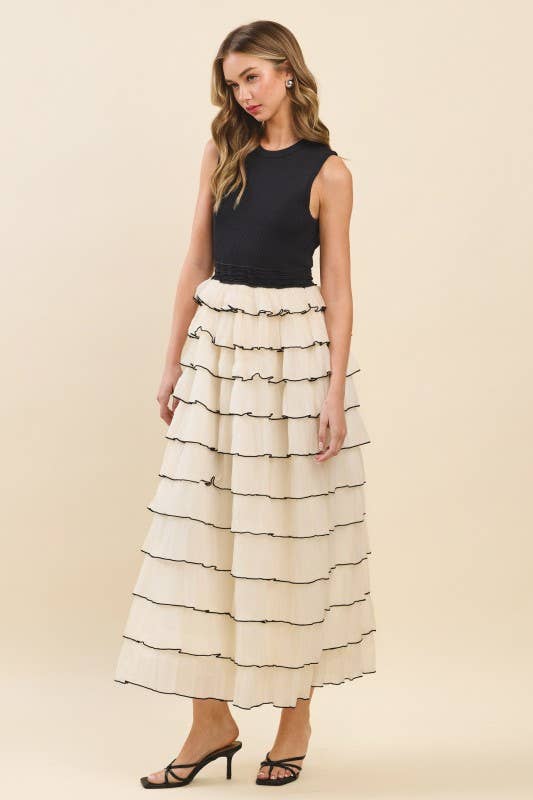 Ribbed Knit Bodice Tiered Mesh Skirt Maxi Dress
