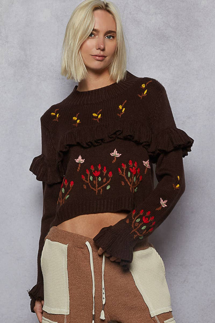 Long sleeve ruffles floral hand stitch detail sweater top