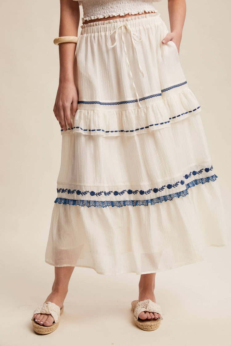 Embroidered Tiered Maxi Skirt