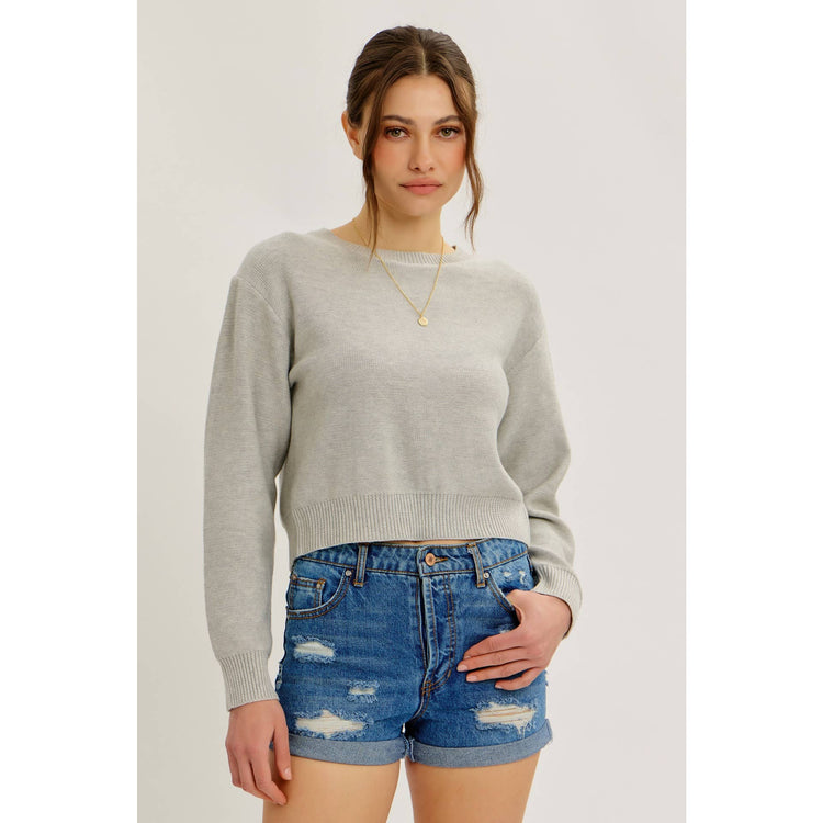 CONTRAST BOW TIE BACK SWEATER TOP WITH ROUND NECK