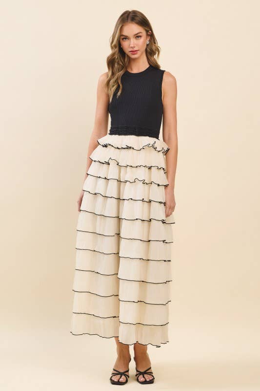 Ribbed Knit Bodice Tiered Mesh Skirt Maxi Dress