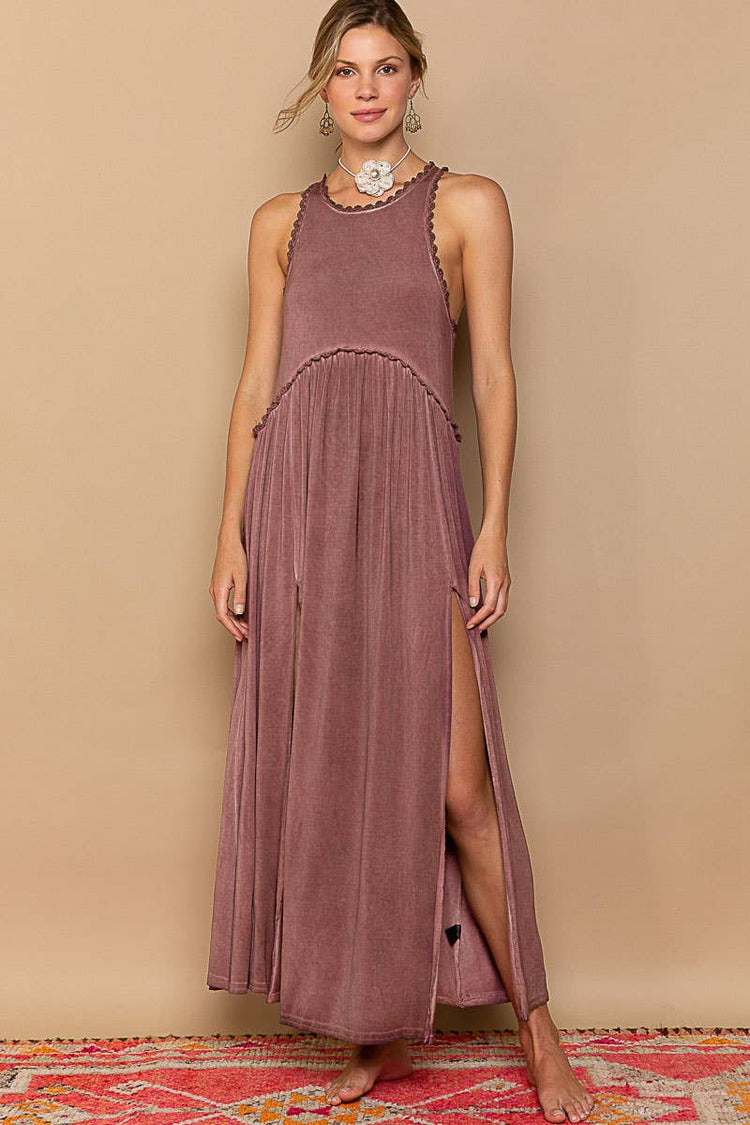 Sleeveless racerback back zipper front slit knit maxi dress