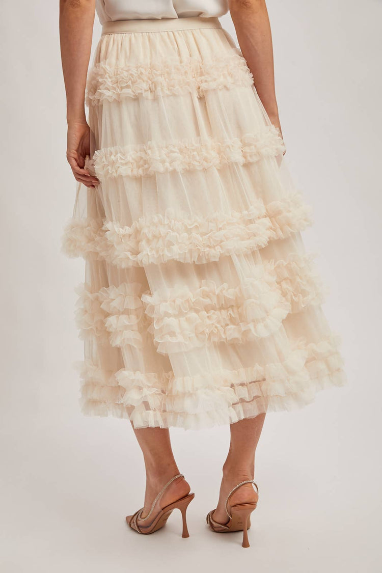 ROMANTIC RUFFLE TIERED TULLE MIDI SKIRT