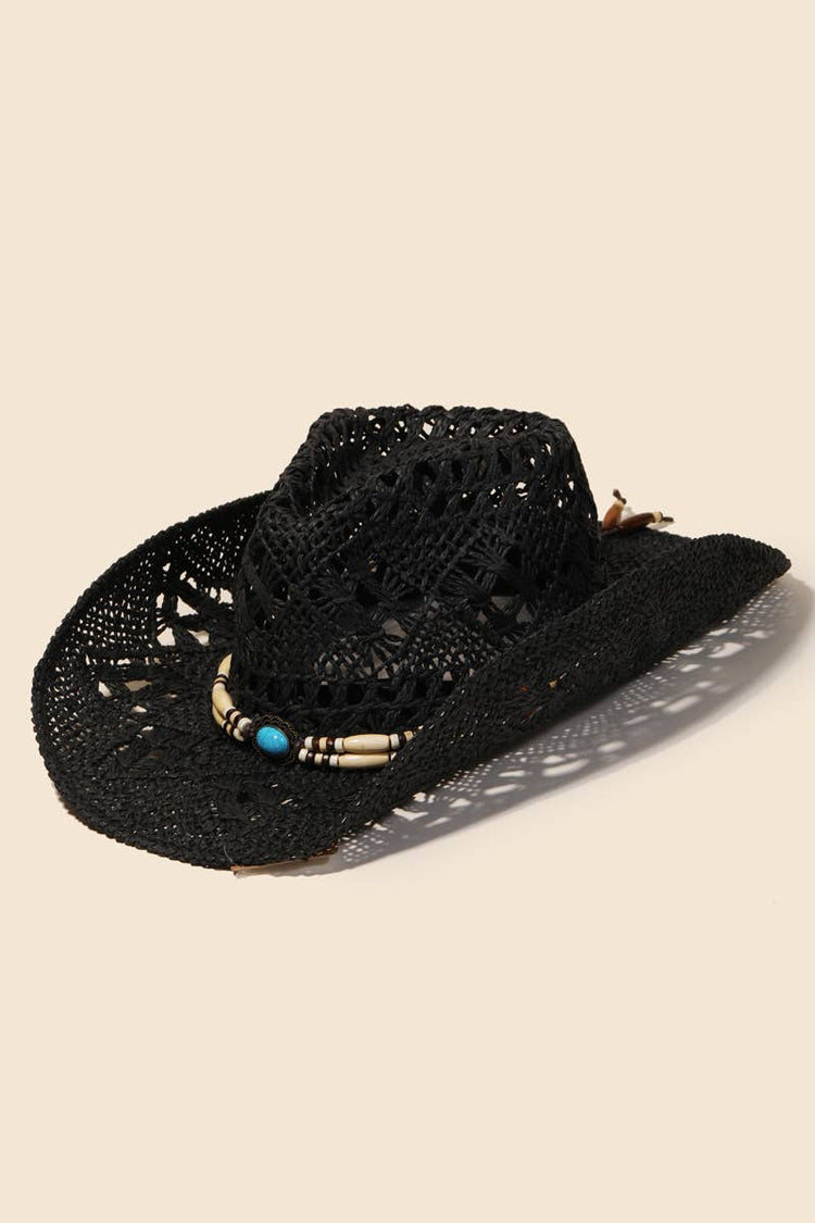 Straw Braided Beaded Strap Cowboy Hat