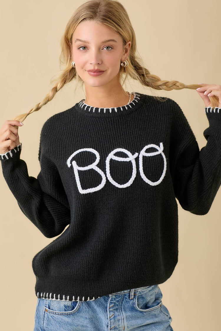 Halloween "Boo" Sweater With 3D Braided Writing