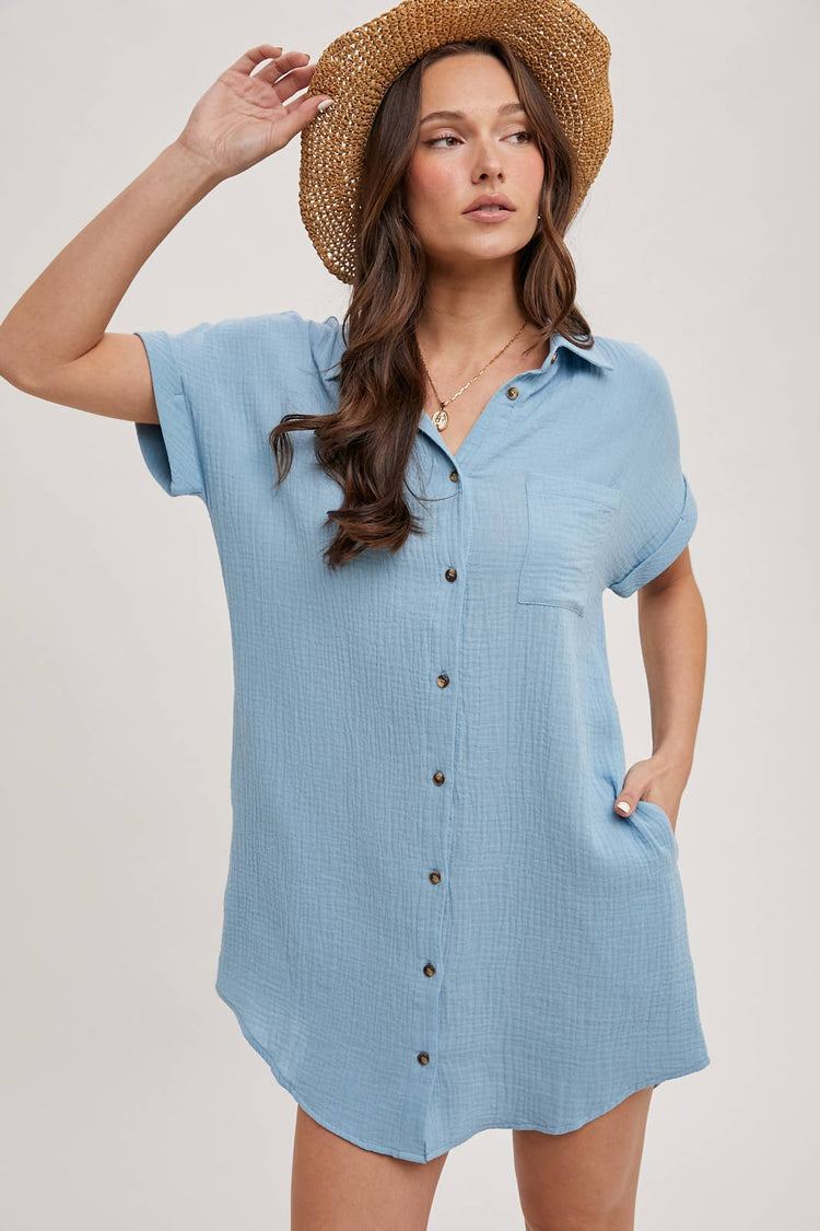 Button Up Shirt Dress With Pockets